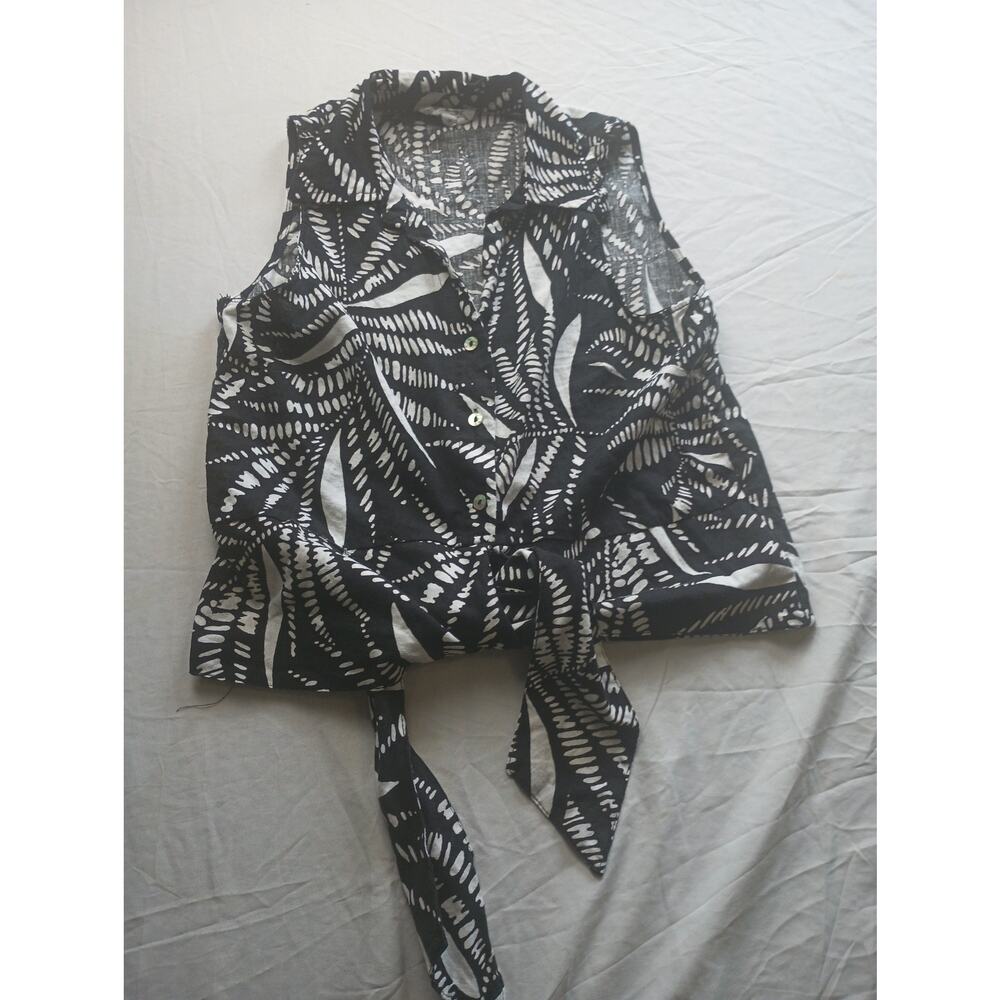 Panama Jack Women Linen Blend Tie Front‎ Top Size Medium Tropical Black White
